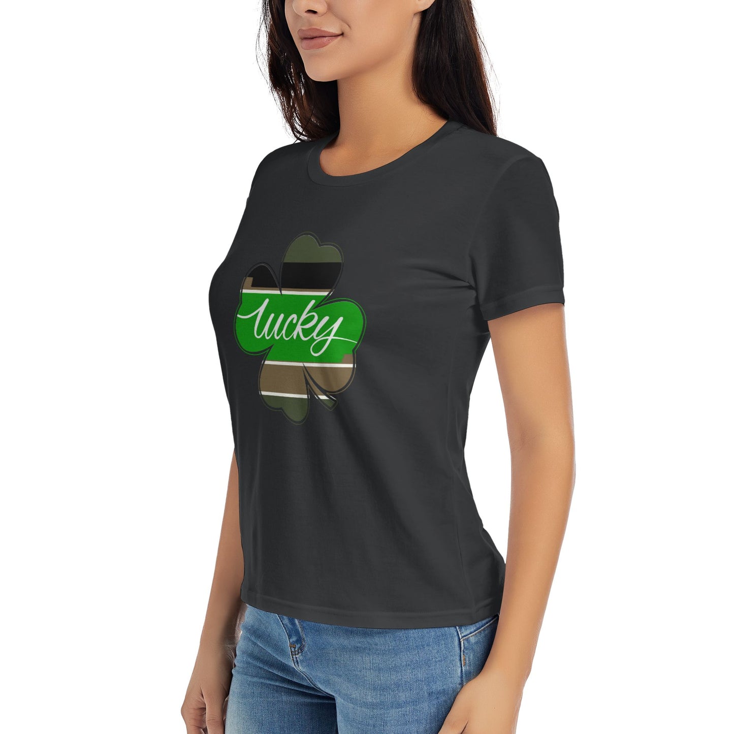 Lucky Four Leaf Clover Short Sleeve Cotton T-Shirt For Women