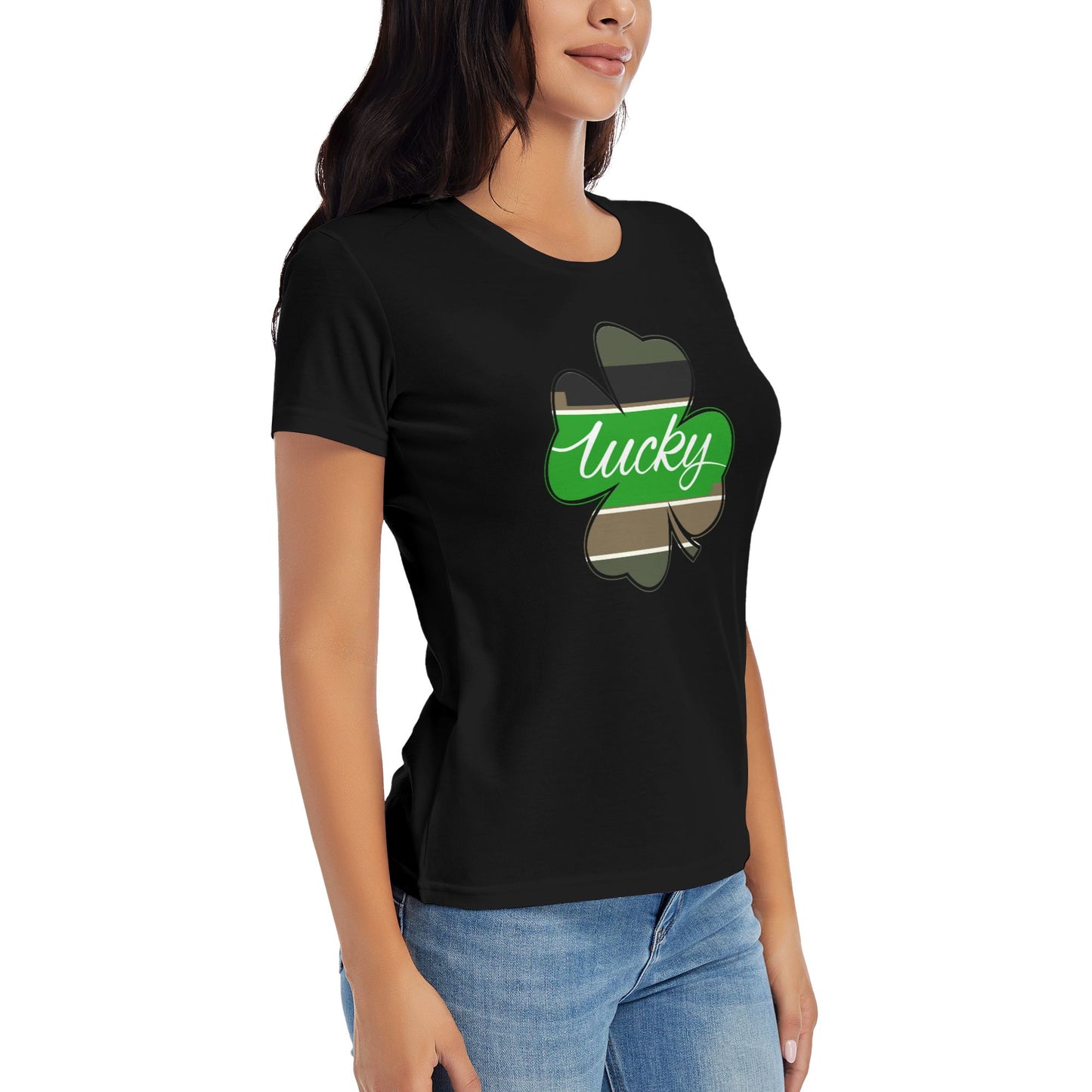 Lucky Four Leaf Clover Short Sleeve Cotton T-Shirt For Women