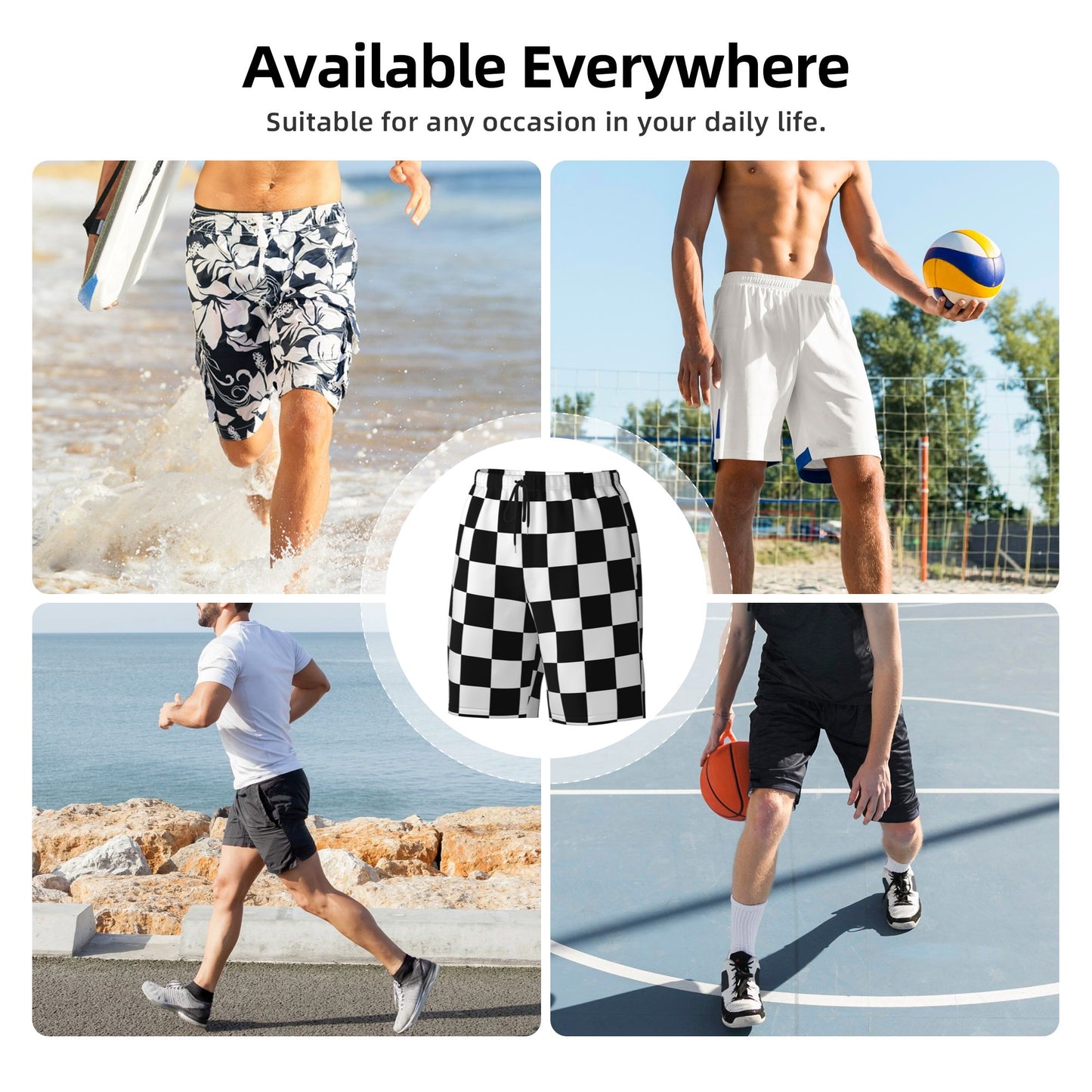Black And White Checkered Beach Shorts For Men