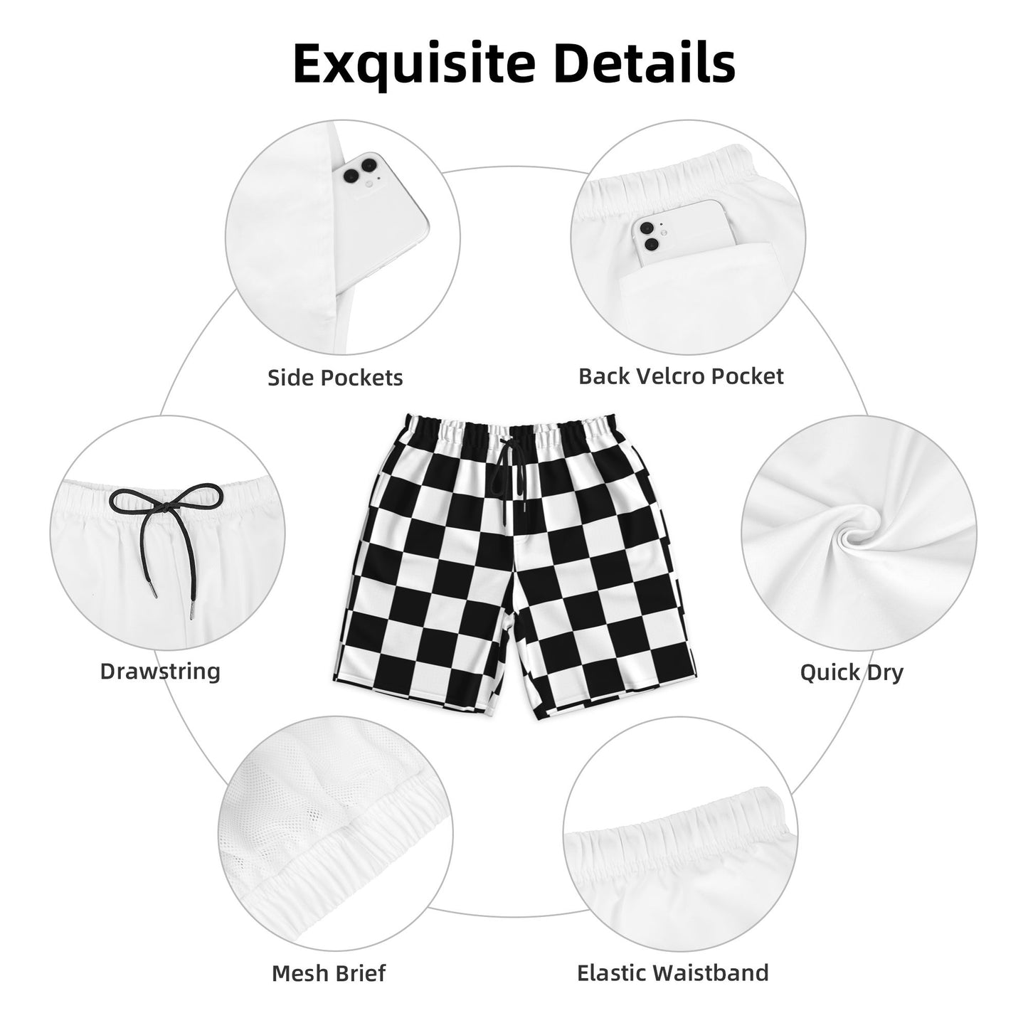 Black And White Checkered Beach Shorts For Men