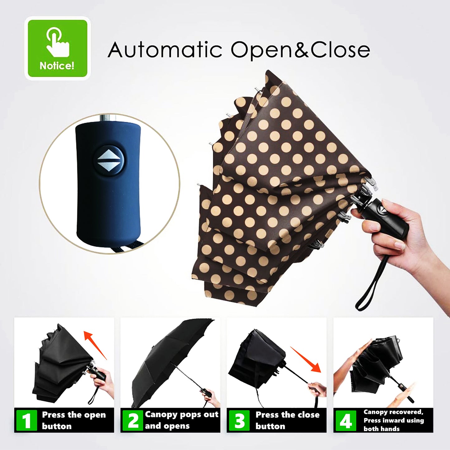 Beige Polka Dot Automatic Open Close Foldable Umbrella