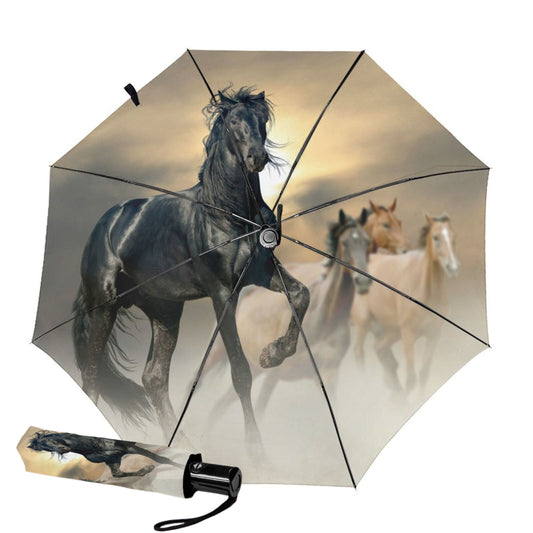 Sun Protection Small Automatic Umbrella With Black Horse Print Inside