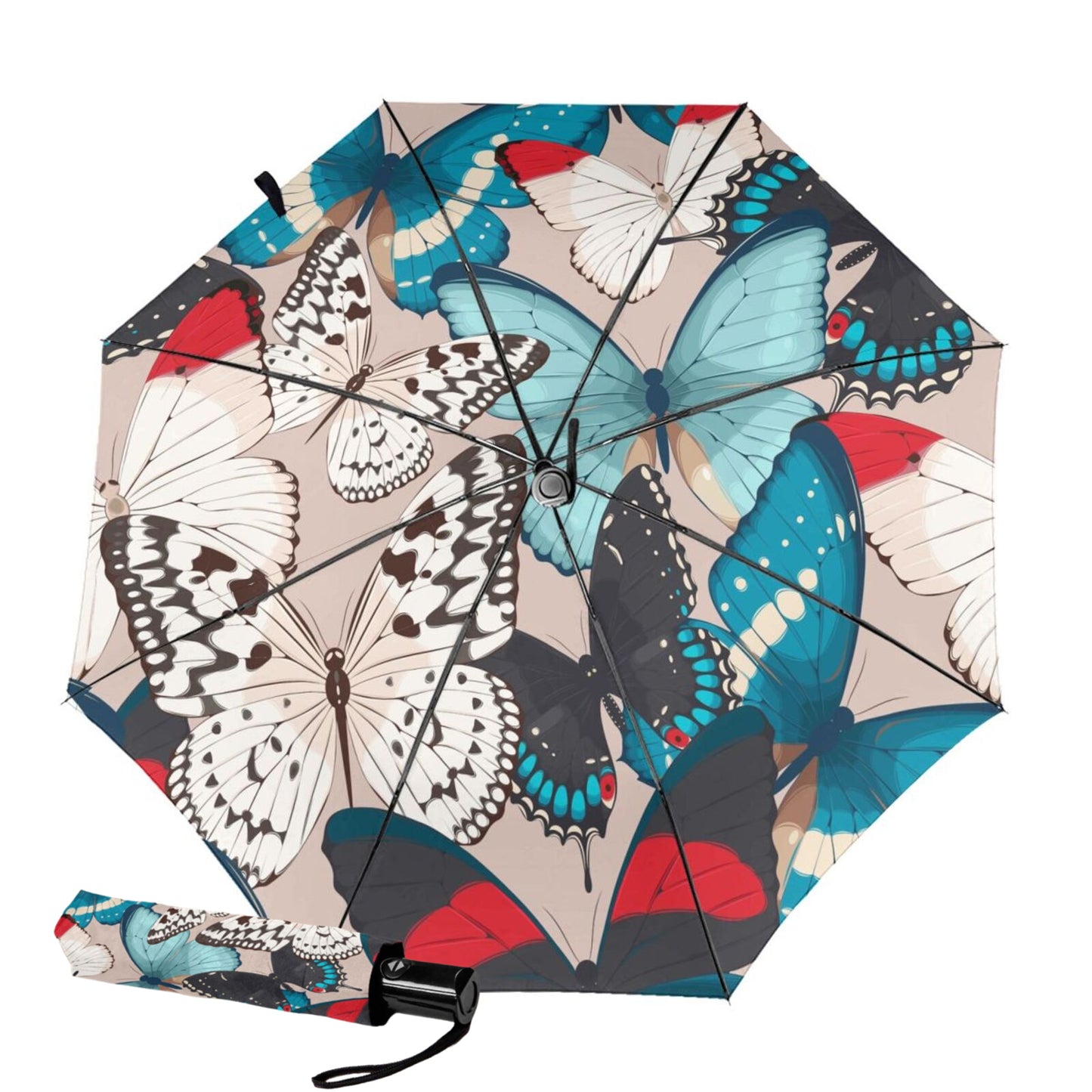 Compact Umbrella With Brightly Colored Butterfly Design Inside