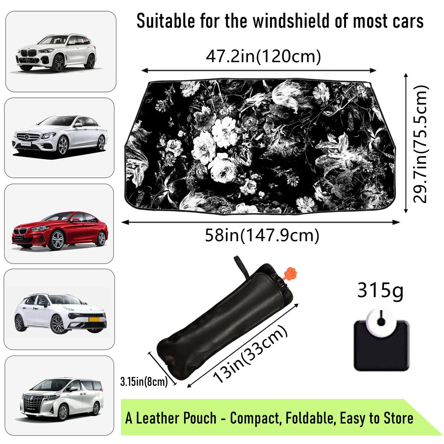 White Floral Design Car Windshield Sun Shade