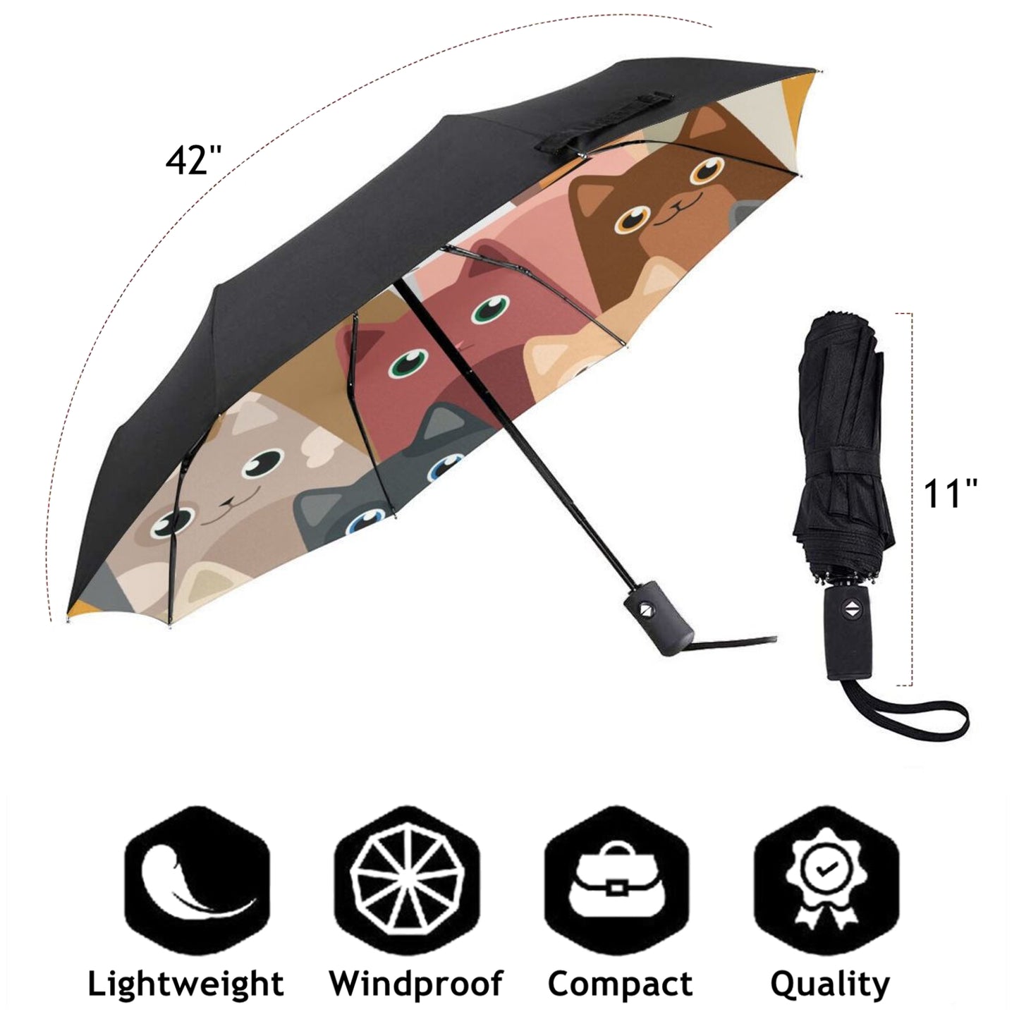 Small Foldable Umbrella With Cartoon Cats Print Inside