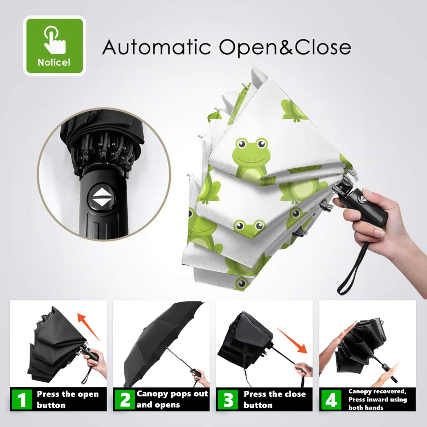 Cute Frog Print Folding Umbrella Automatic Open And Automatic Close