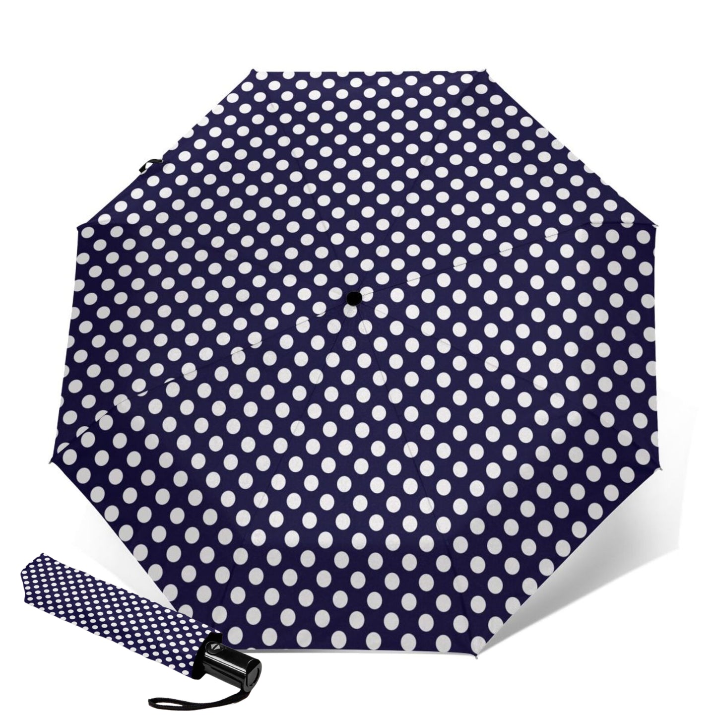 Navy Blue With White Polka Dots Compact Umbrella