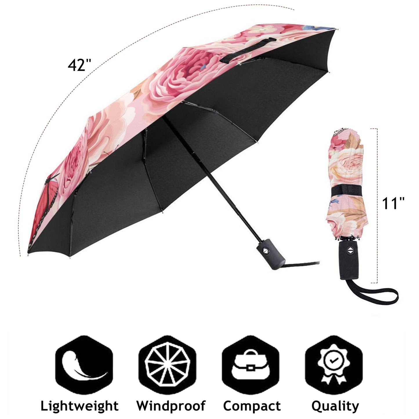 Pink Flower Compact Umbrella For Women