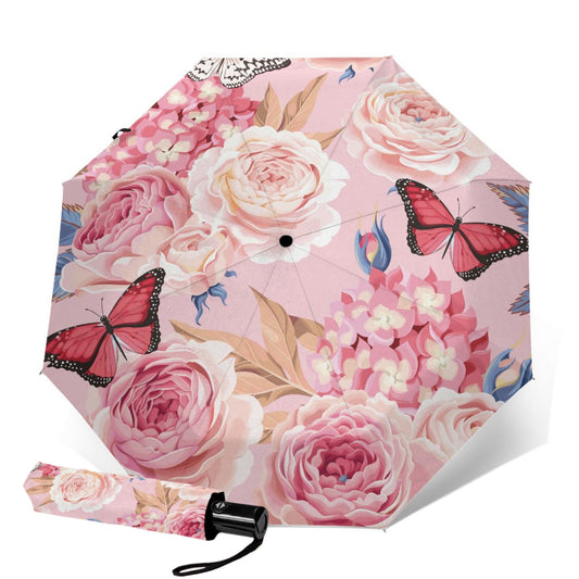 Pink Flower Compact Umbrella For Women