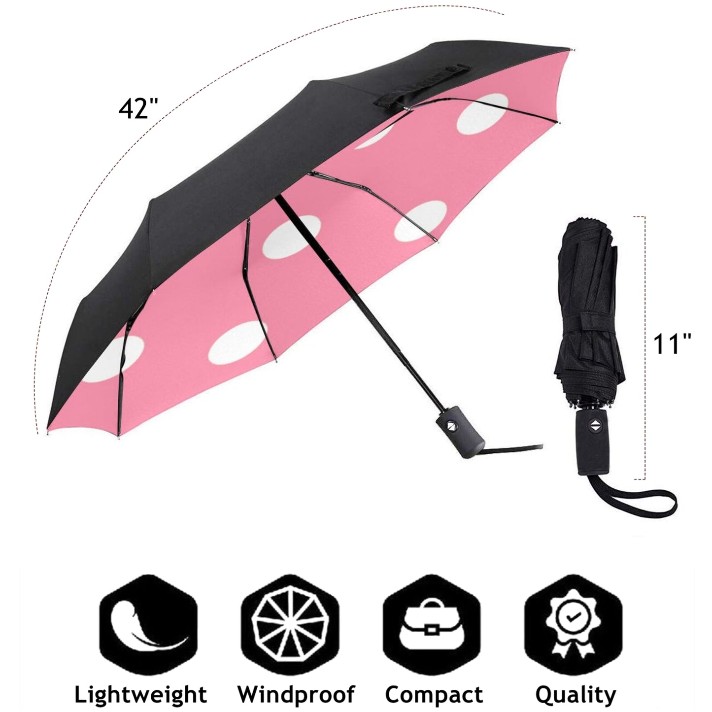 Compact Umbrella With Polka Dot Design Inside