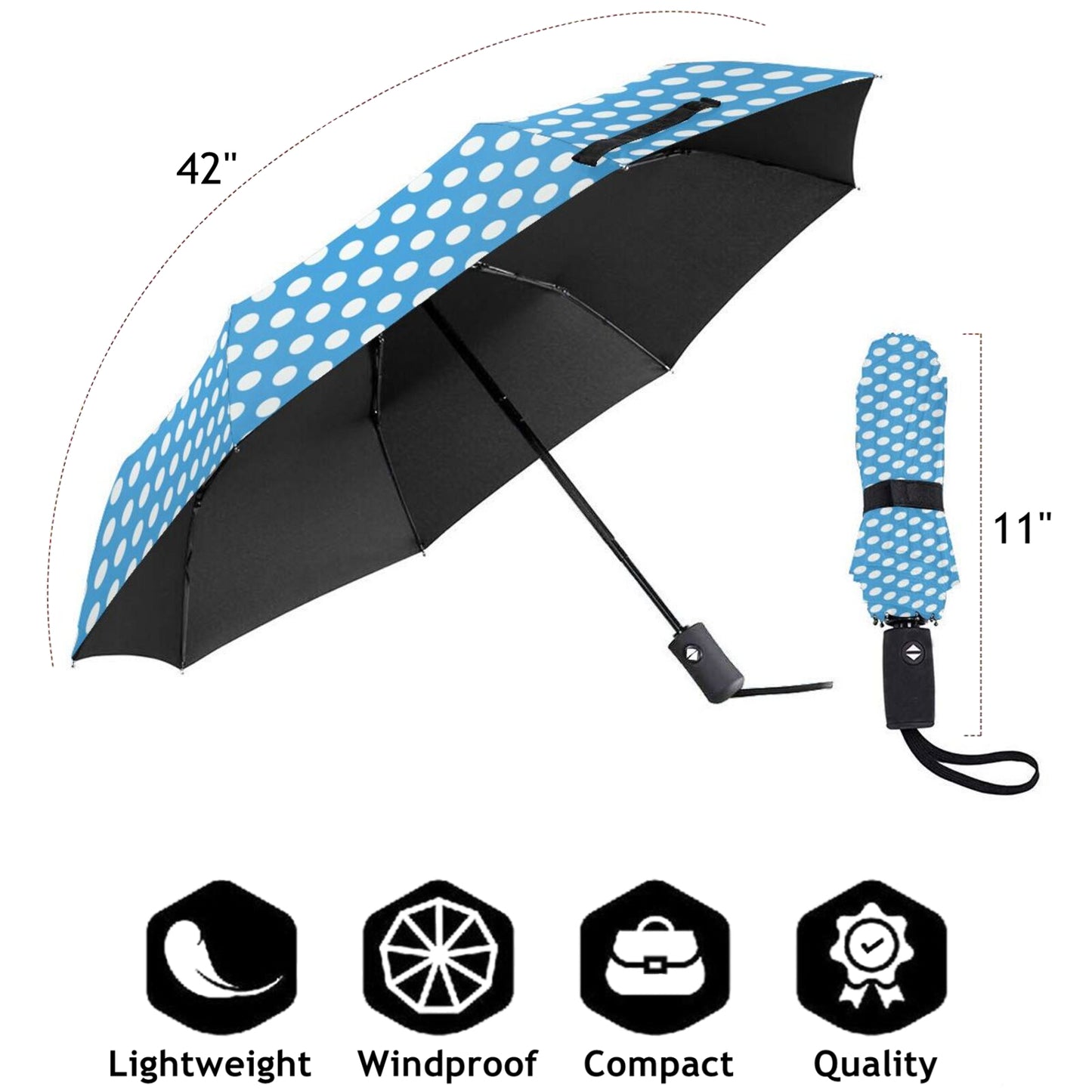 Light Blue With White Polka Dots Compact Umbrella