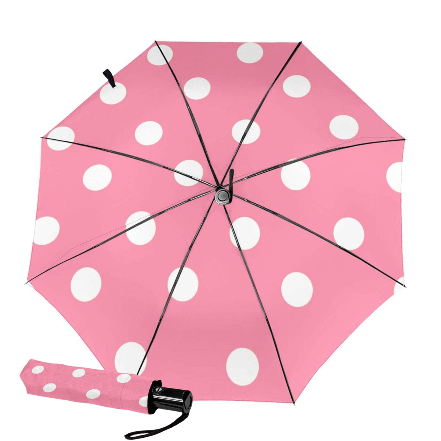 Compact Umbrella With Polka Dot Design Inside