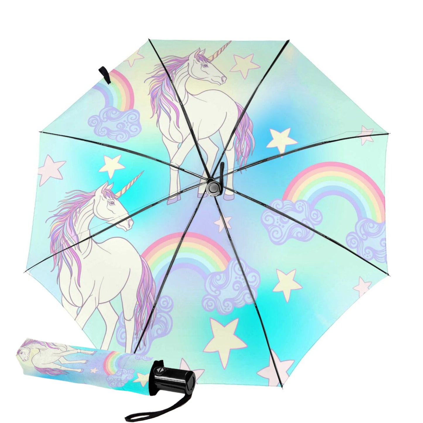 Rainbow Unicorn Design Inside Small Compact Umbrella