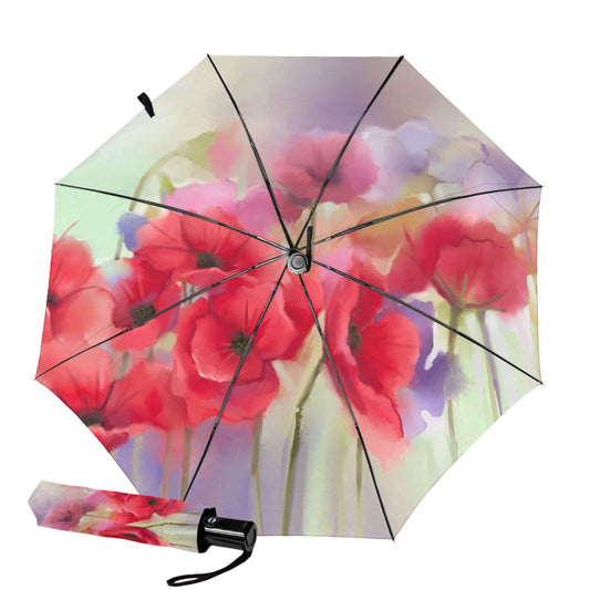 Folding Travel Umbrella With Red Flower Print Inside