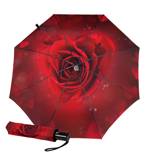 Red Rose Print Inside Small Automatic Umbrella