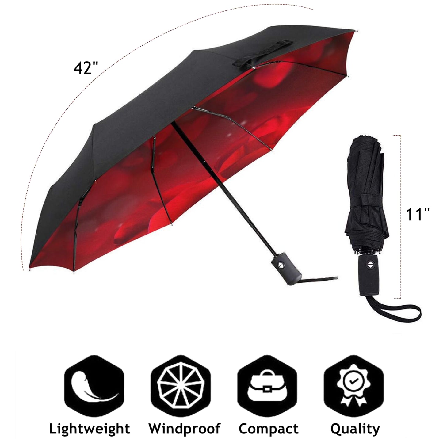 Red Rose Print Inside Small Automatic Umbrella