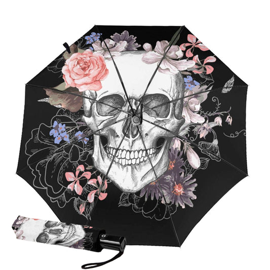 Skull And Flowers Design Inside Folding Umbrella