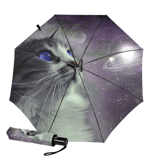 Small Foldable Umbrella With Space Cat Design Inside