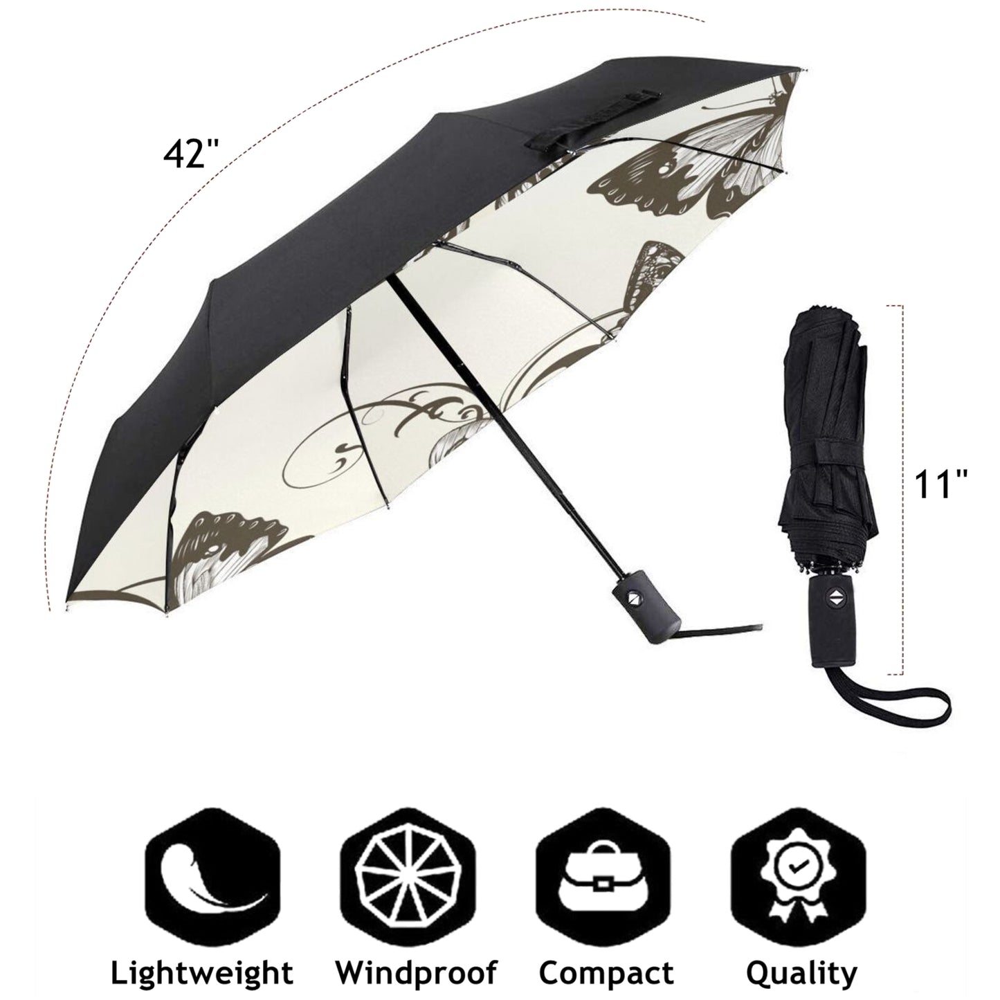 Compact Umbrella With Classic Butterfly Design Inside