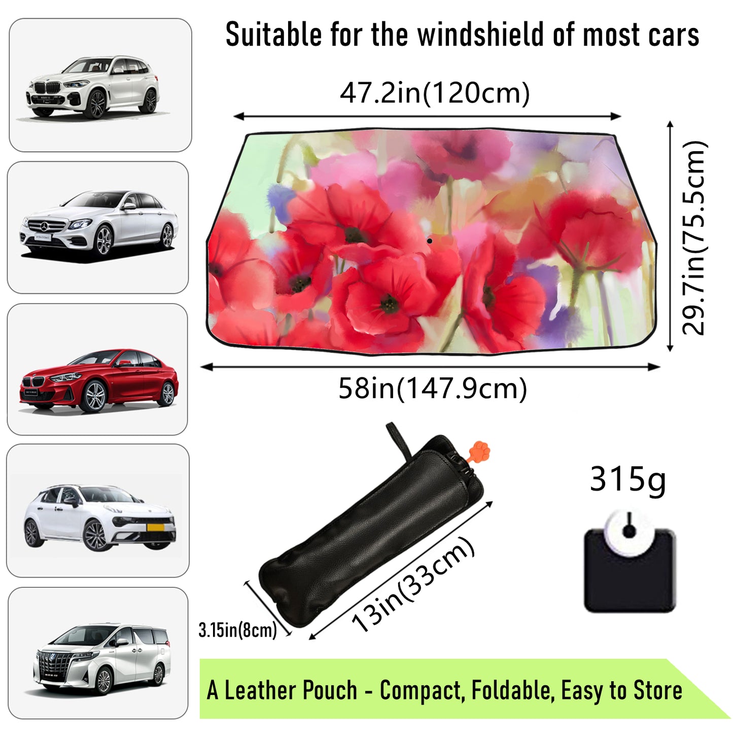 Red Floral Car Windshield Sun Shade Umbrella