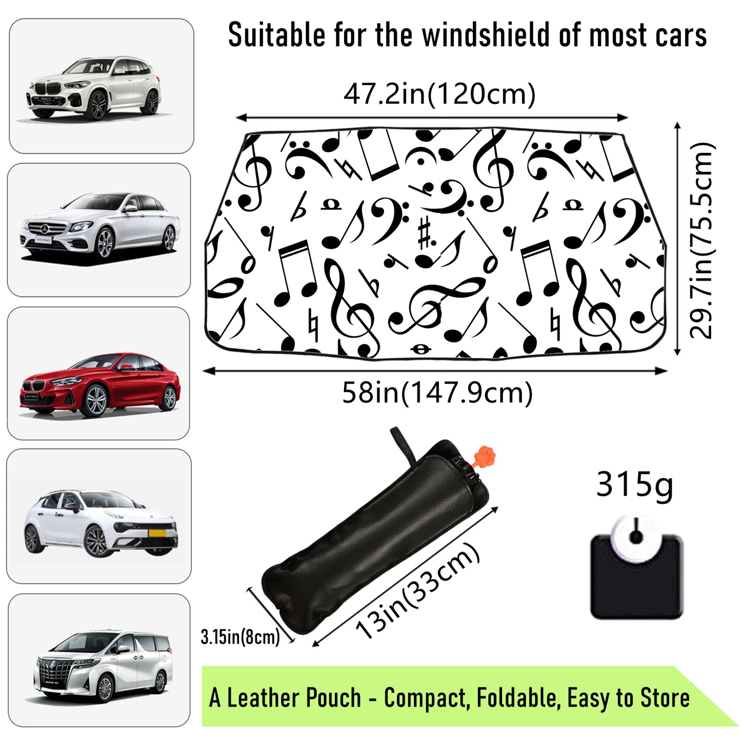 Foldable Windscreen Sun Shade With Music Notes