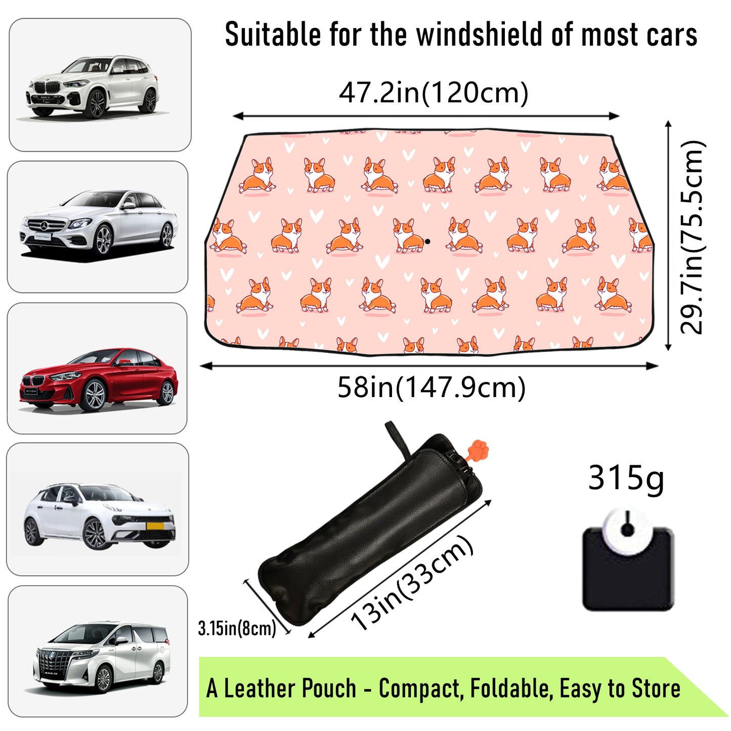 Corgi Design Car Windshield Sun Shade