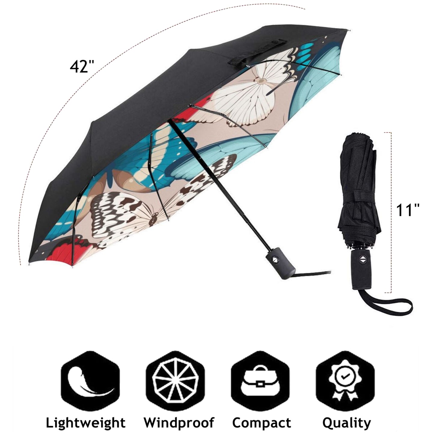 Compact Umbrella With Brightly Colored Butterfly Design Inside