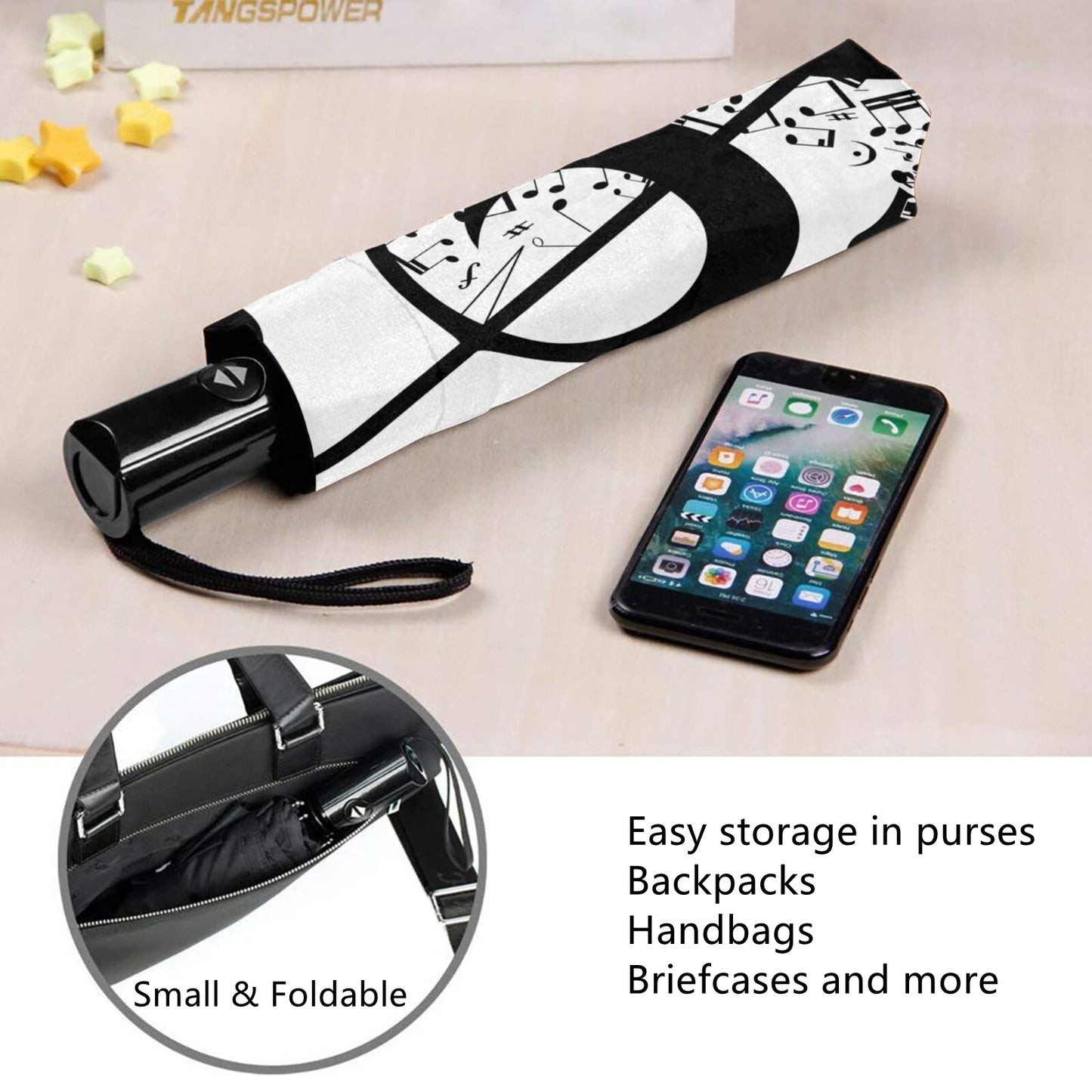 Travel Umbrella With Black And White Music Note Inside