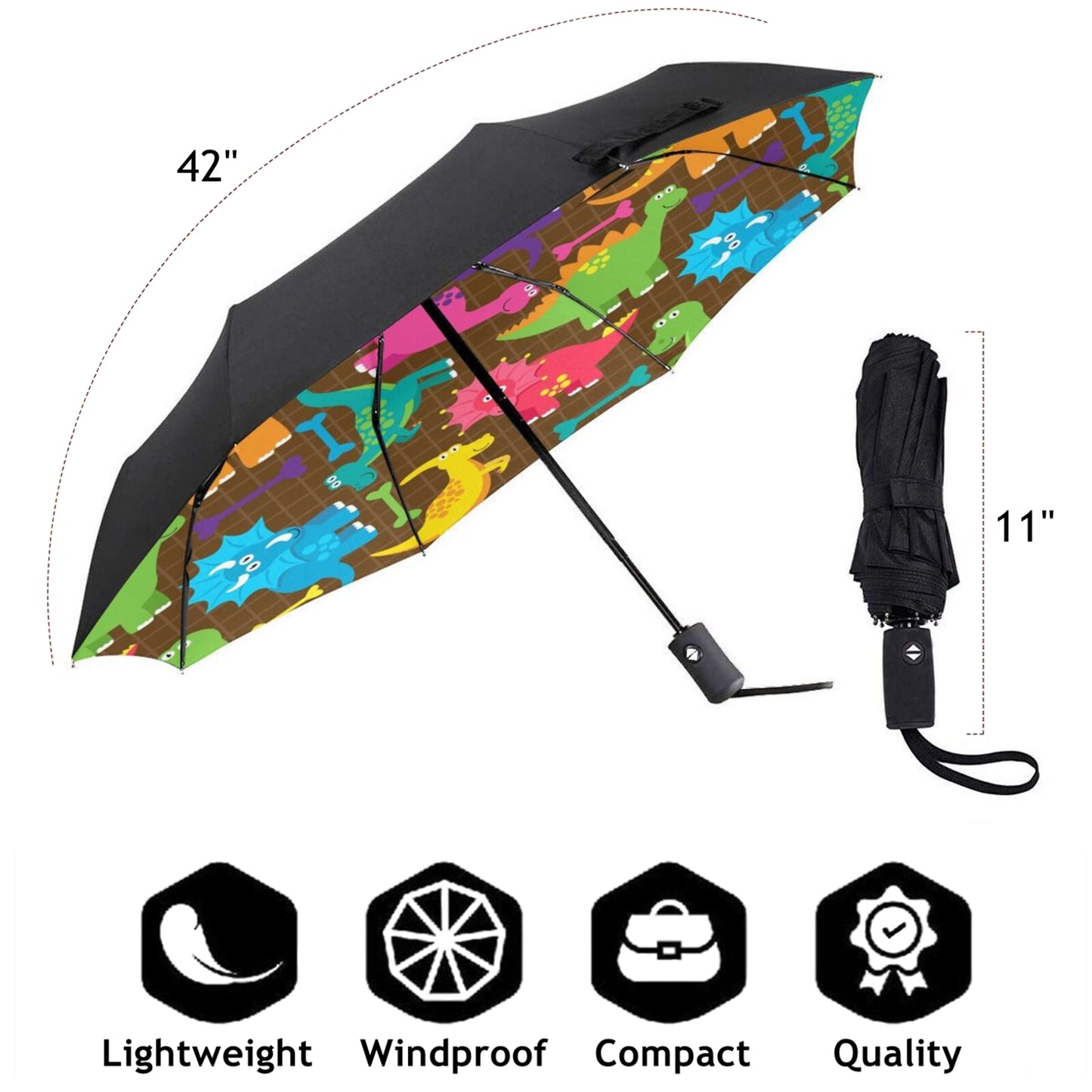 Small Folding Umbrella With Little Dinosaur Print Inside