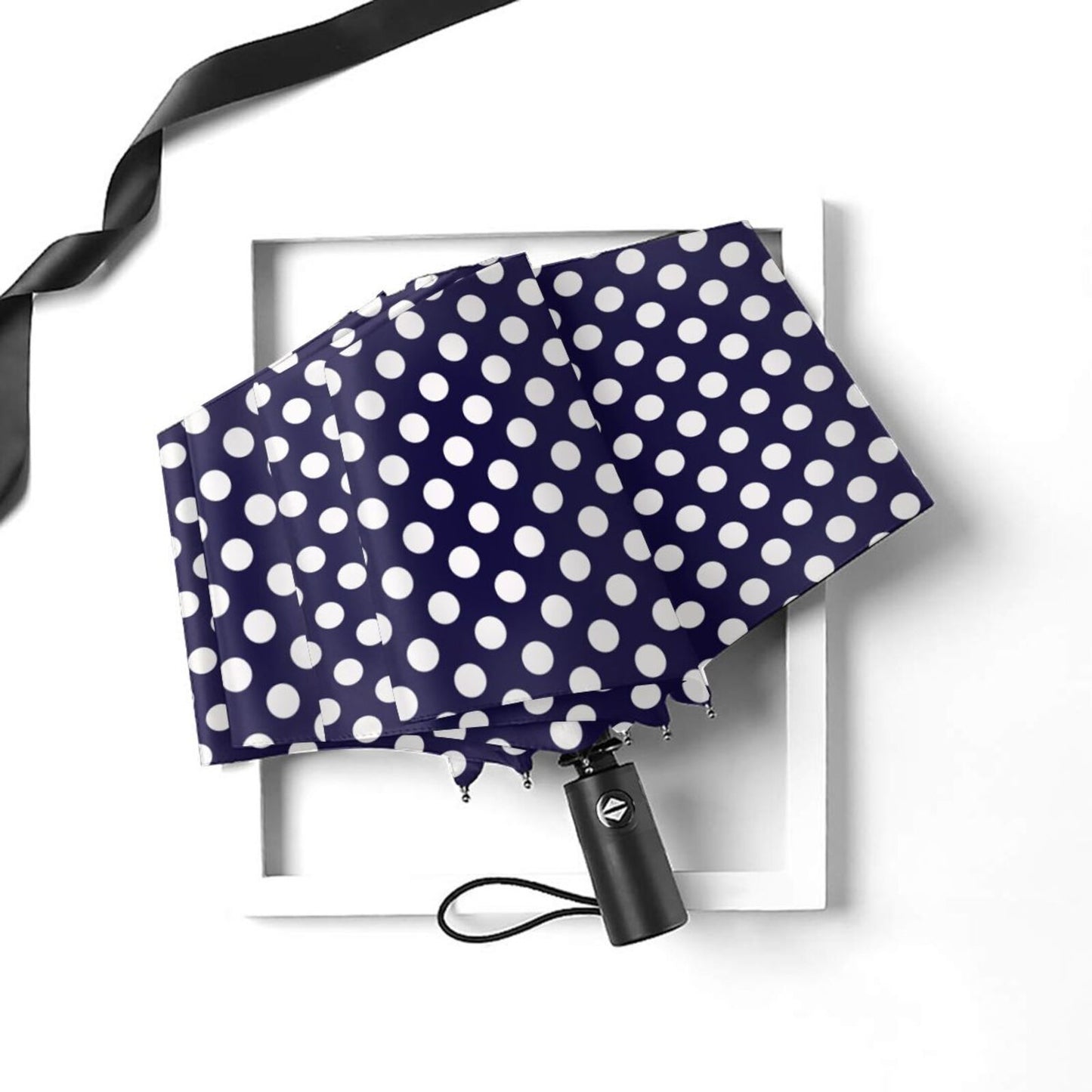 Navy Blue With White Polka Dots Compact Umbrella