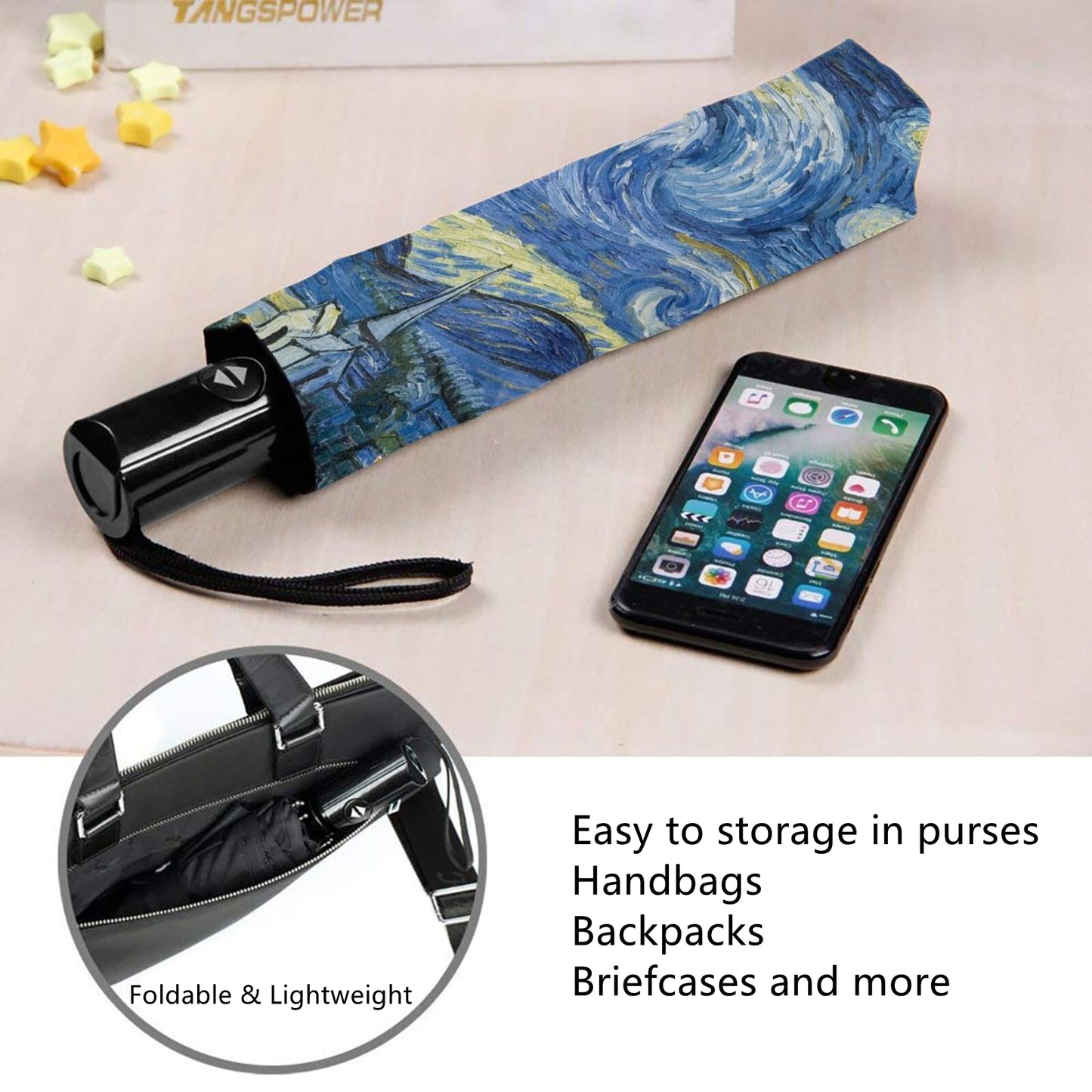 UV Blocking Automatic Compact Umbrella With Starry Night Print Inside
