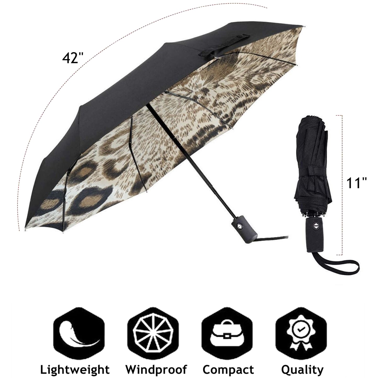 Silver Leopard Print Inside Small Travel Umbrella