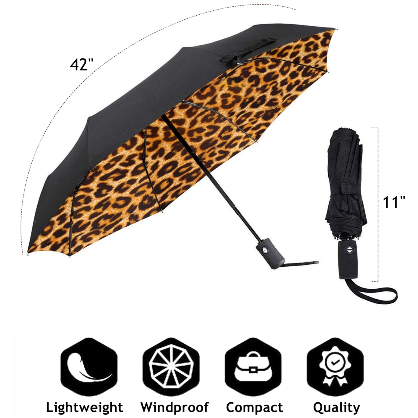 Foldable Travel Umbrella With Classic Leopard Print Inside