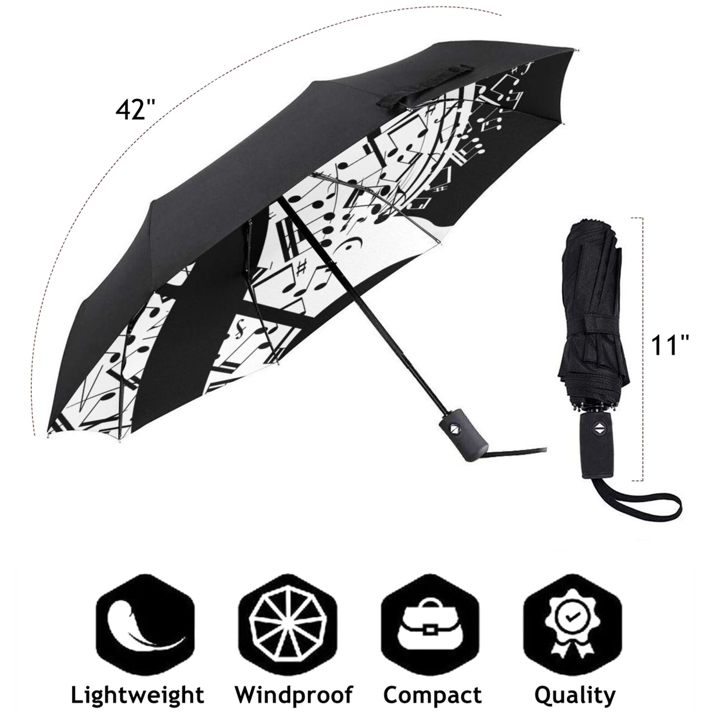 Travel Umbrella With Black And White Music Note Inside