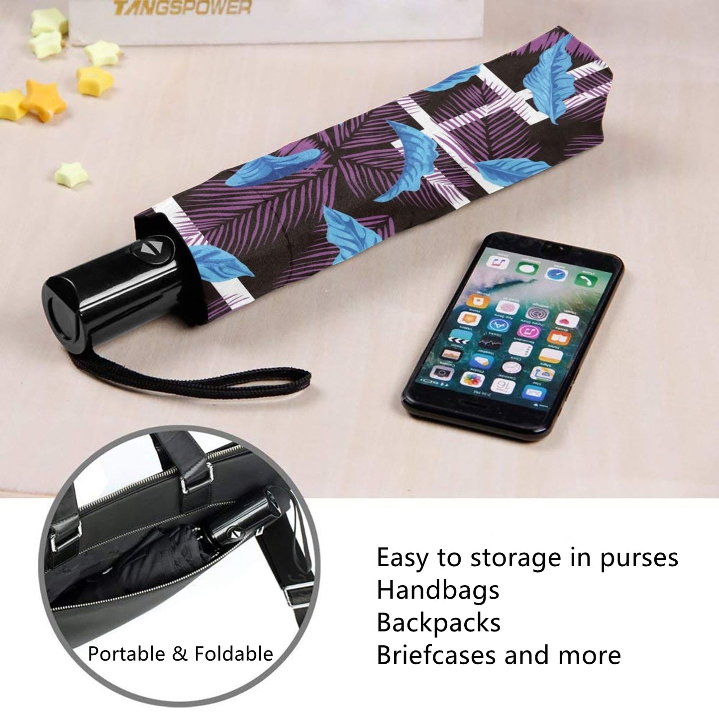 Leaf Design Printed Foldable Automatic Umbrella