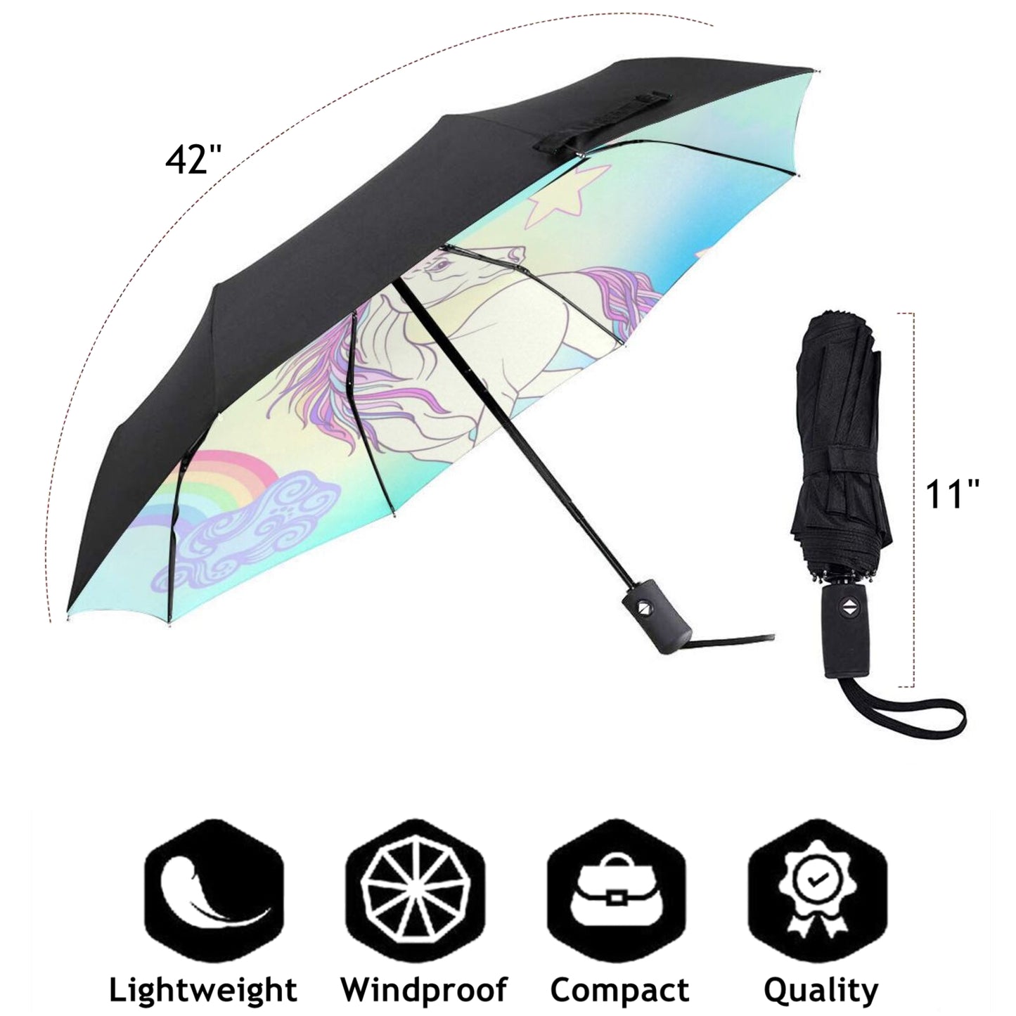 Rainbow Unicorn Design Inside Small Compact Umbrella